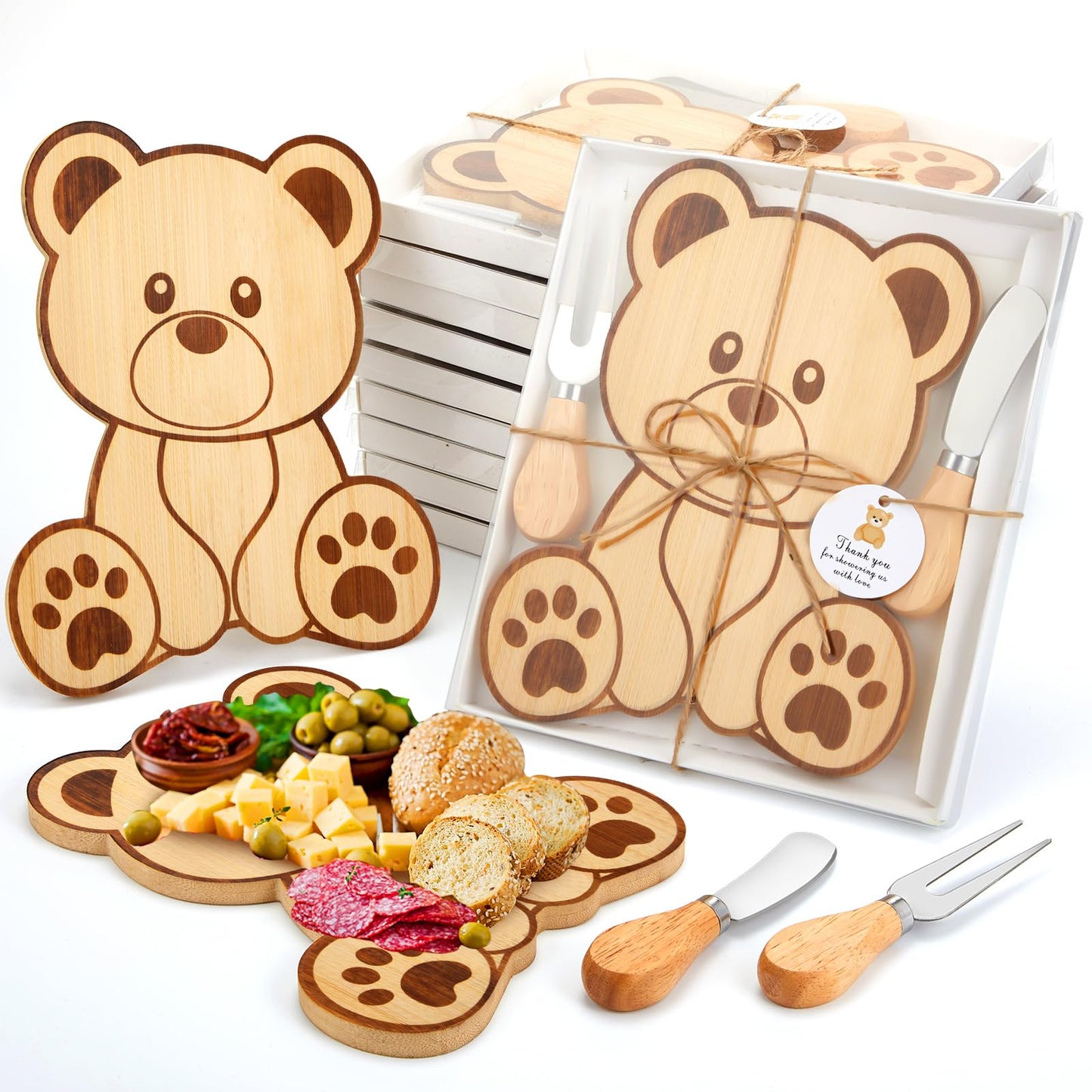 1 Set Baby Shower Party Favors Bear Shaped Cheese Board Set, Include Small Wood Cutting Charcuterie Boards with Knives and Forks Gift Box for Wedding Bridal Shower Birthday (Acacia Color)