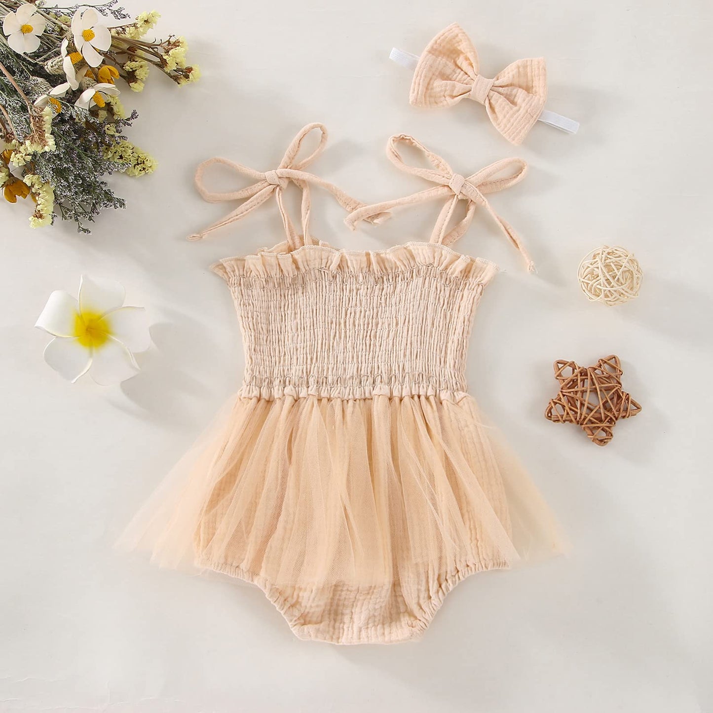 MERSARIPHY Newborn Baby Girl Summer Outfit Sleeveless Ruffle Smocked Halter Tulle Romper Dress One-piece Jumpsuit Clothes