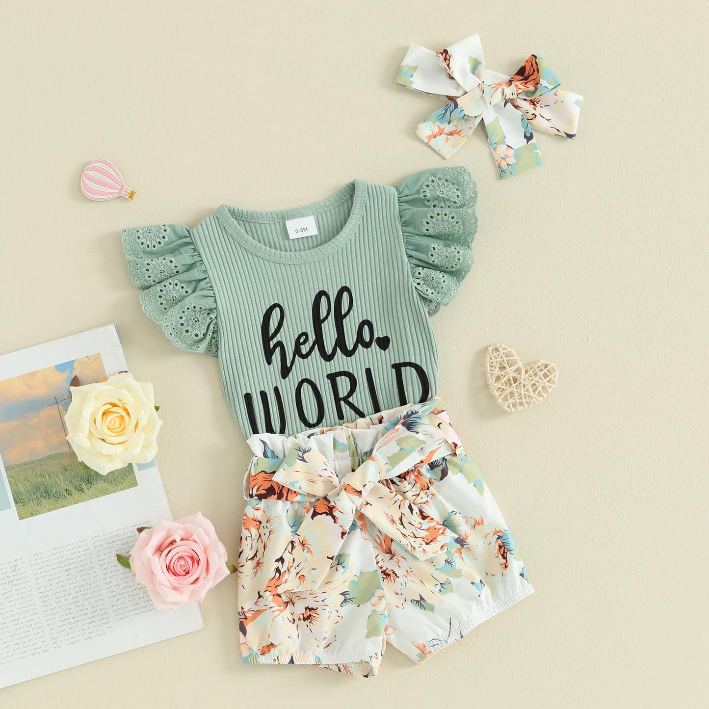 Hello World Newborn Outfit Baby Girl Going Home Outfit Ruffle Ribbed Romper Top Floral Pants Set Cute Summer Clothes