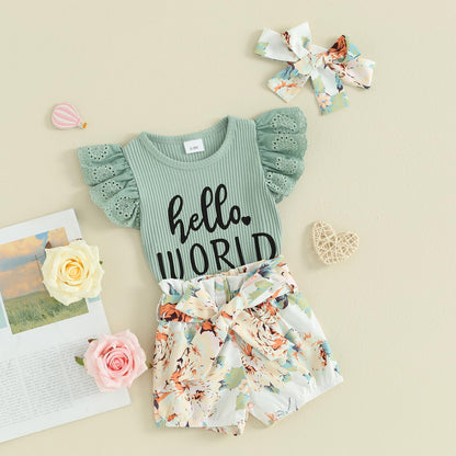 Hello World Newborn Outfit Baby Girl Going Home Outfit Ruffle Ribbed Romper Top Floral Pants Set Cute Summer Clothes