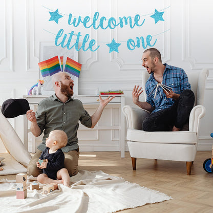 Baby Shower Decorations, Birthday Banner, Welcome Little One Baby Banner for Pre-strung Welcome Sign Gender Reveal Party Neutral Decor Backdrops Supplies (Blue)