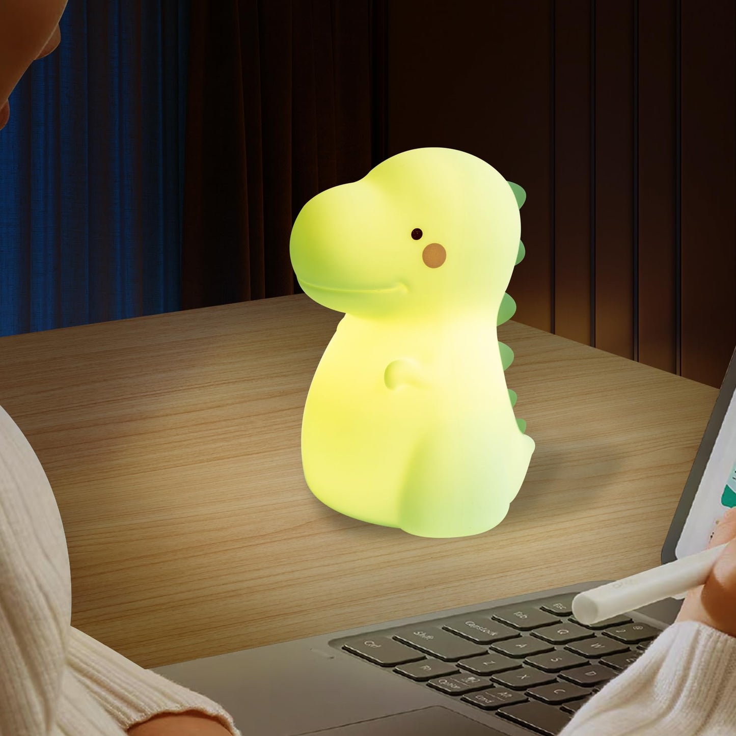 Children's Dinosaur Night Lamp, 7-Color Adjustable Breathing Dinosaur lamp, Portable Rechargeable LED Bedside lamp for Kindergarten, Boys and Girls' Toy Christmas Gift (Green)