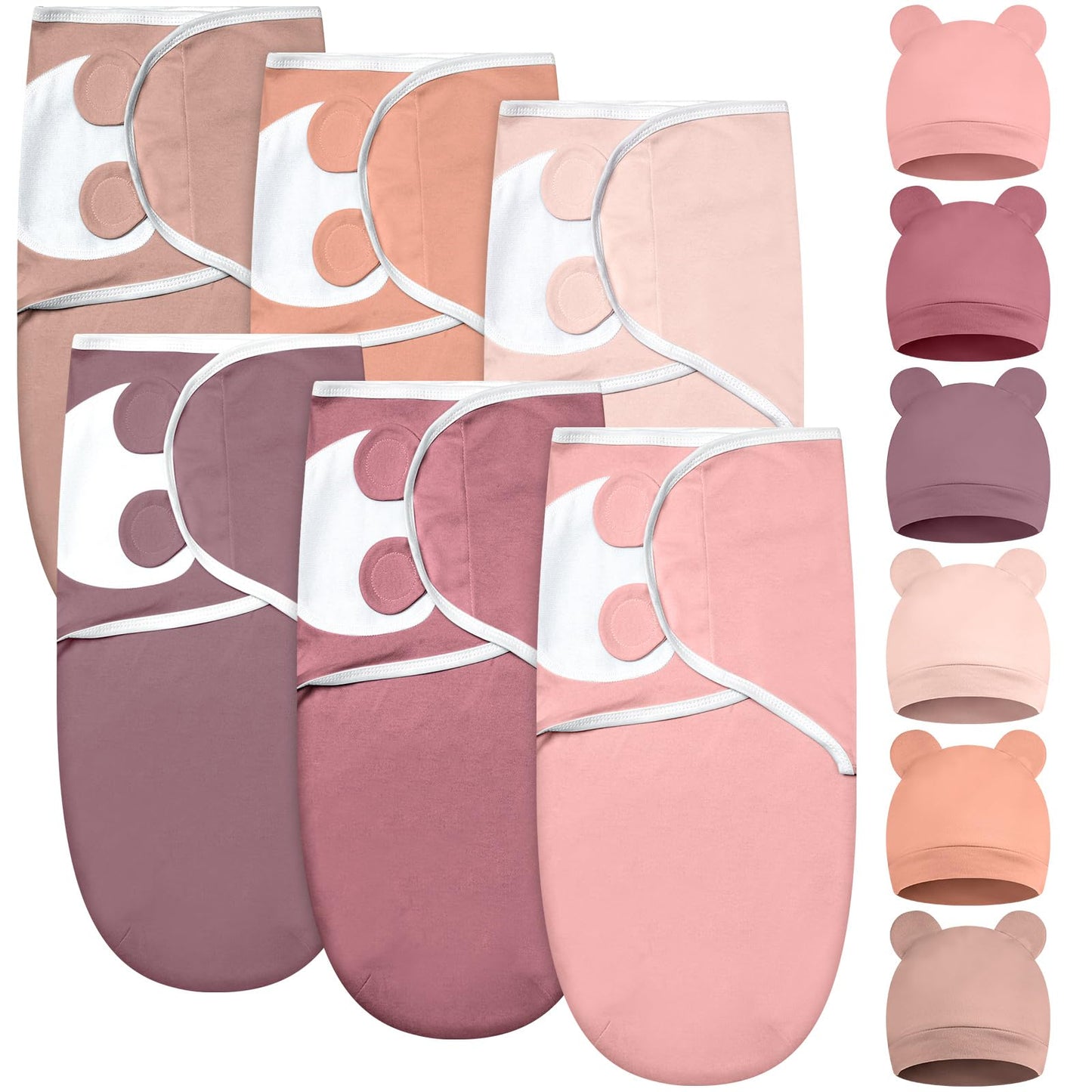 Ramede 6 Pack Baby Swaddle Blanket with Hats Sleep Swaddle for 0-3 Months Newborn Sacks Soft Cotton Wearable for Boy Girl