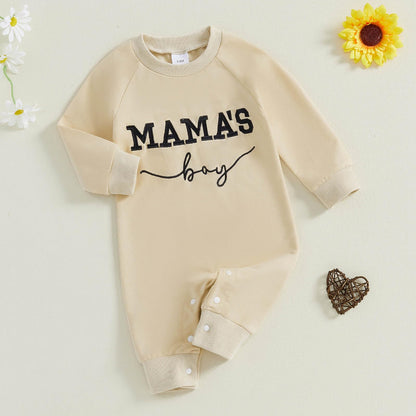 Newborn Baby Boy Fall Outfit Mamas Boy Embroidery Jumpsuit Long Sleeve Crewneck Romper Infant Boy Winter Clothes