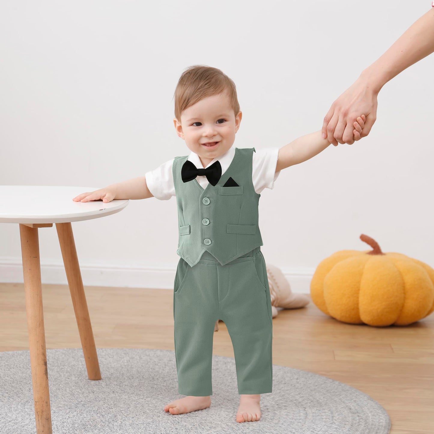 DISAUR Baby Boy Clothes Toddler Boy Outfits 4PCS Gentleman Dress Romper/Vest/Pants/Bow Tie Cotton Suit Sets