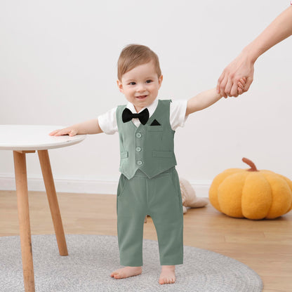 DISAUR Baby Boy Clothes Toddler Boy Outfits 4PCS Gentleman Dress Romper/Vest/Pants/Bow Tie Cotton Suit Sets