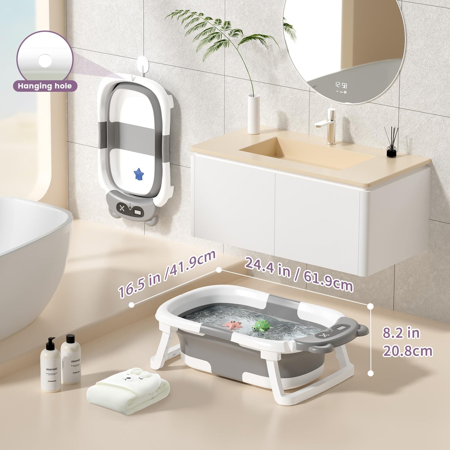 Collapsible Baby Bathtub for Newborn to Toddler (0-18 M) - Portable Baby Tub with Thermometer, Newborn Bathtub with Soft Towel and Floating Cushion (Brown)