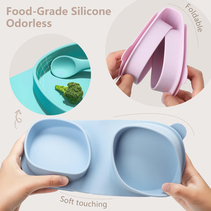 Silicone Foldable Novelty Dinner Plates,Baby Plates Travel Essential with Forks and Spoons,Microwave & Dishwasher SafeWatermelon