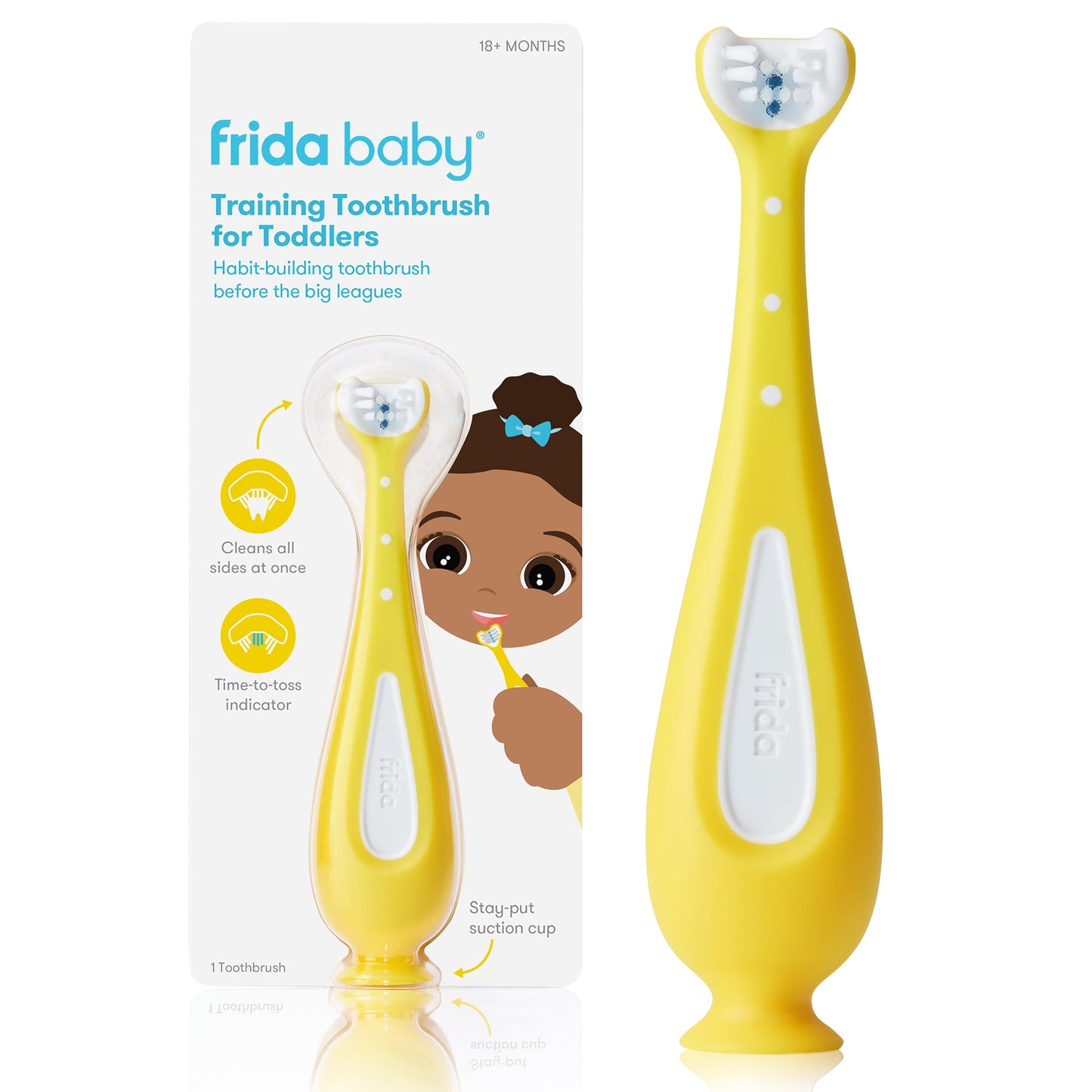 Frida Baby Grow-with-Me Baby Toothbrush Training Set | Infant to Toddler Toothbrush 0-12 months, Cleans All Sides at Once, Oral Care for Sensitive Gums | Yellow