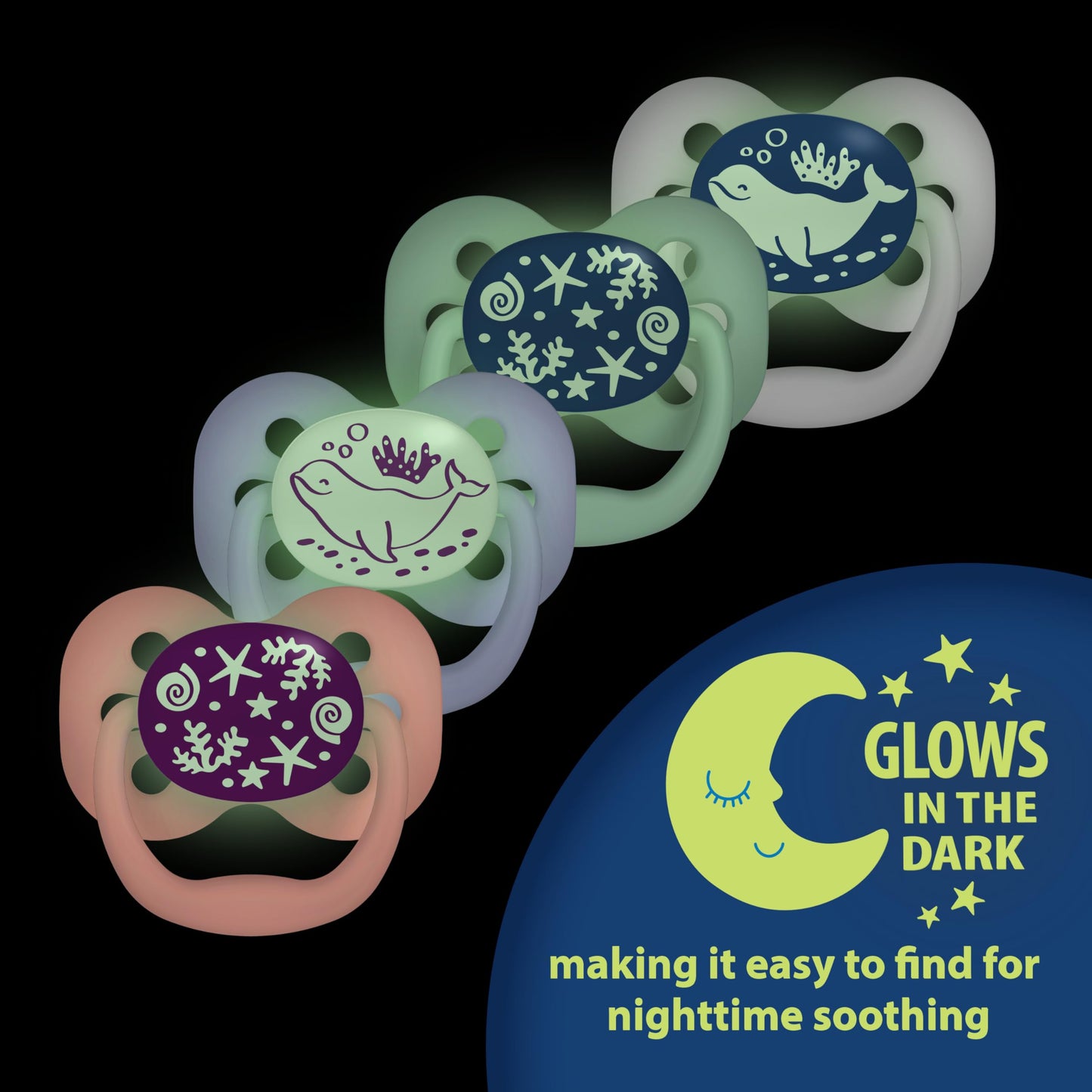 Dr. Brown's Advantage Glow-in-the-Dark Baby Pacifier, Fully Symmetrical Soother with Soft Silicone Bulb, Lavender Love-Coral Ocean, 0-6m, BPA Free, 4 Pack