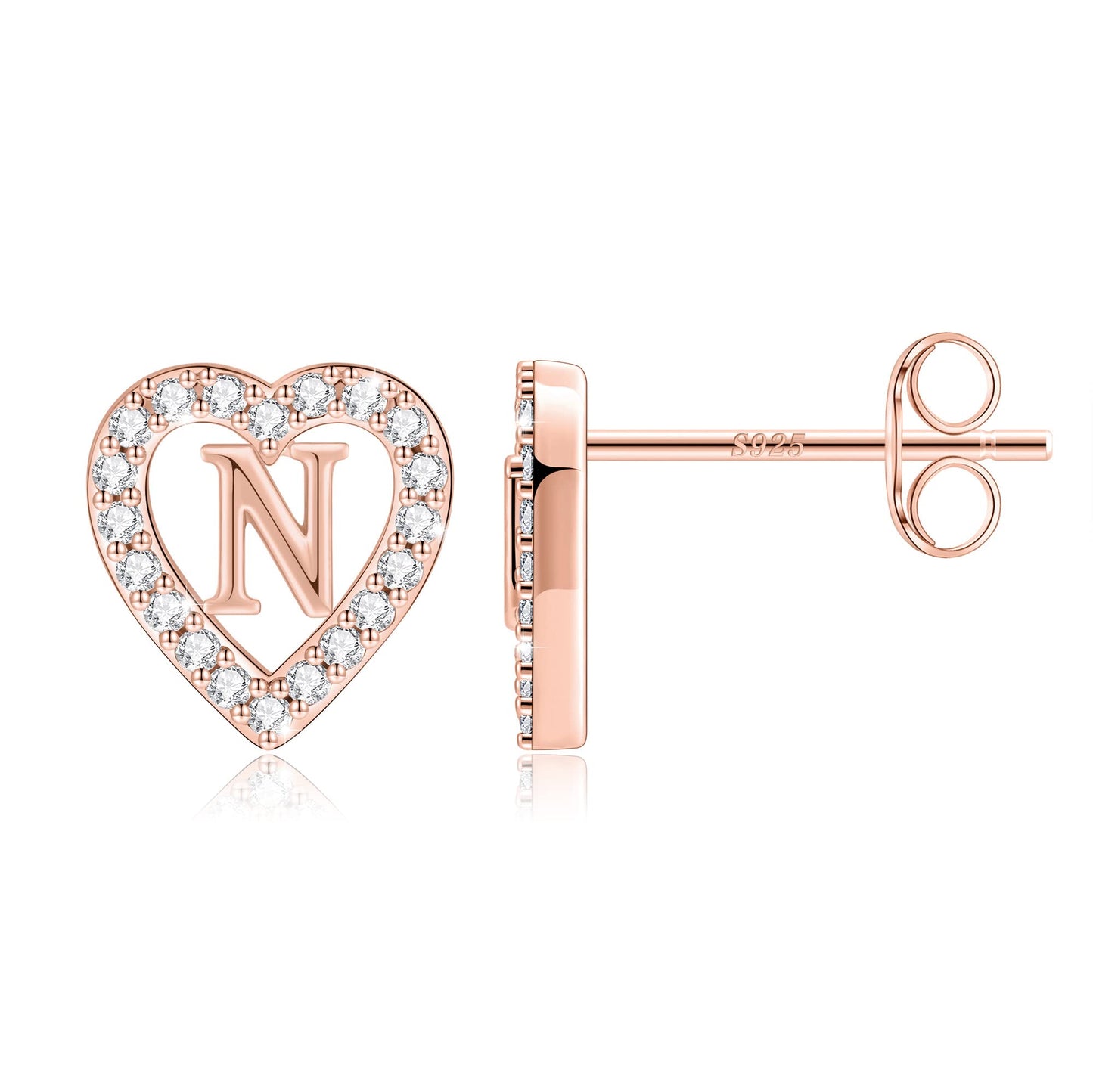 Anoup Heart Initial Stud Earrings - Gifts for Girls, Sterling Silver Post 14K Gold Plated All Over Hypoallergenic | CZ Simulated Diamond Stud Earrings | Birthday Gifts for Kids Toddlers Daughter
