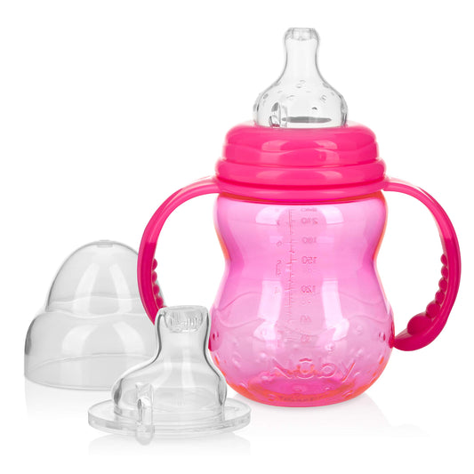 Nuby 3 in 1 Baby Bottle to Training Sippy Cup - 8 Oz Toddler Cups Spill Proof with Soft Spout, Nipple & Removable Grip Handles - Dishwasher Safe (Blue)