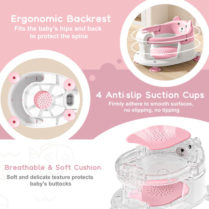 Baby Bath Seat for Babies 6 Months & Up, Toddler Bath Seats for Babies Sitting Up, Non-Slip Infant Bath Tub Chair with 4 Suction Cups & Soft Cushion for Shower, Compact Toddler Bathtub Seat, Pink