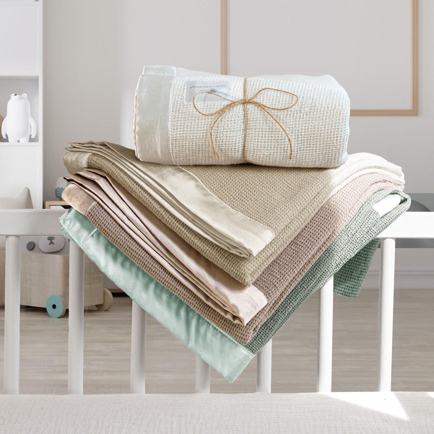 Swaddle Baby Blanket: Waffle Blanket with Satin Strim - Soft Breathable Toddler Blanket for Nursing Cover - Cotton Crib Blanket for Naptime（Cream）