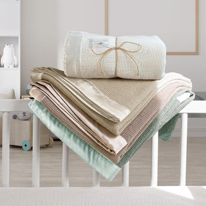 Swaddle Baby Blanket: Waffle Blanket with Satin Strim - Soft Breathable Toddler Blanket for Nursing Cover - Cotton Crib Blanket for Naptime（Cream）