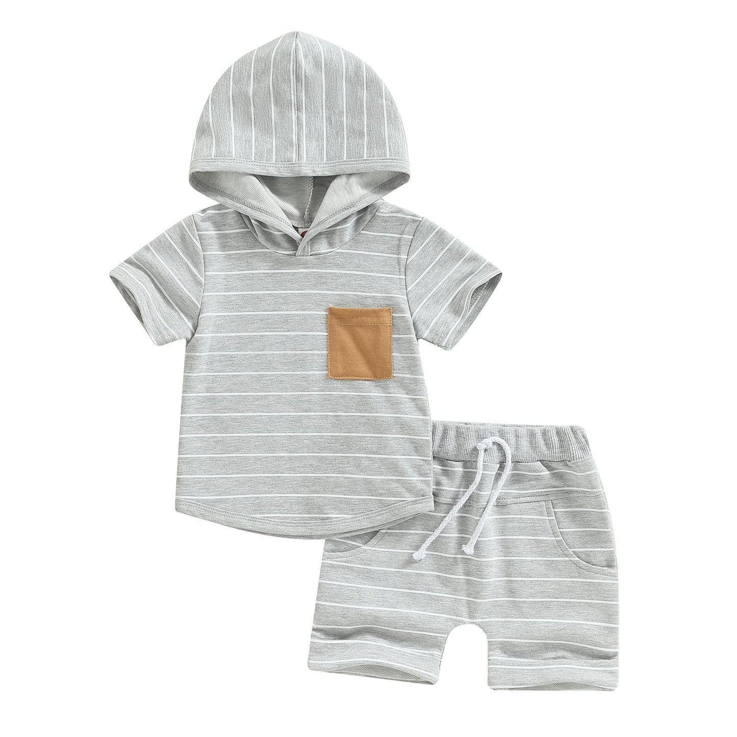 Toddler Baby Boy Summer Outfit Short Sleeve Hooded Stripes Top Casual Shorts Set Infant Newborn Clothes 6 12 18 24 Month