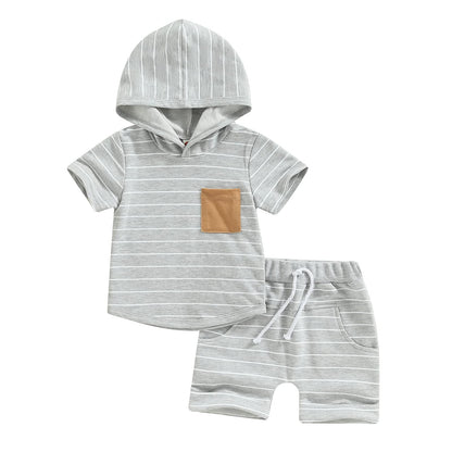 Toddler Baby Boy Summer Outfit Short Sleeve Hooded Stripes Top Casual Shorts Set Infant Newborn Clothes 6 12 18 24 Month