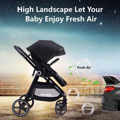 2-in-1 Baby Stroller with Bassinet Mode - Folding Infant Newborn Pram Stroller with Reversible Seat - Toddler Strollers for 0-36 Months Old Babies (Beige)