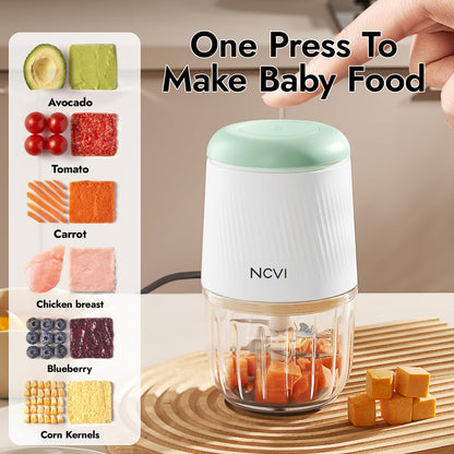 NCVI Puree Baby Food Processor Glass Set, Mini Infant Food Maker Blender Machine with 8 Blades and Grinding Disc, Small Blender for Baby Food Including Containers, Silicone Tray and Tableware
