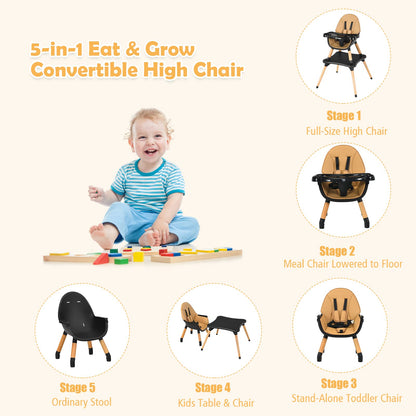 BABY JOY 6 in 1 High Chair, Convertible High Chairs for Babies and Toddlers/Booster Seat/Table and Chair Set, Infant Wooden Highchair w/ 5-Point Harness, 4-Position Removable Tray & PU Cushion, Coffee