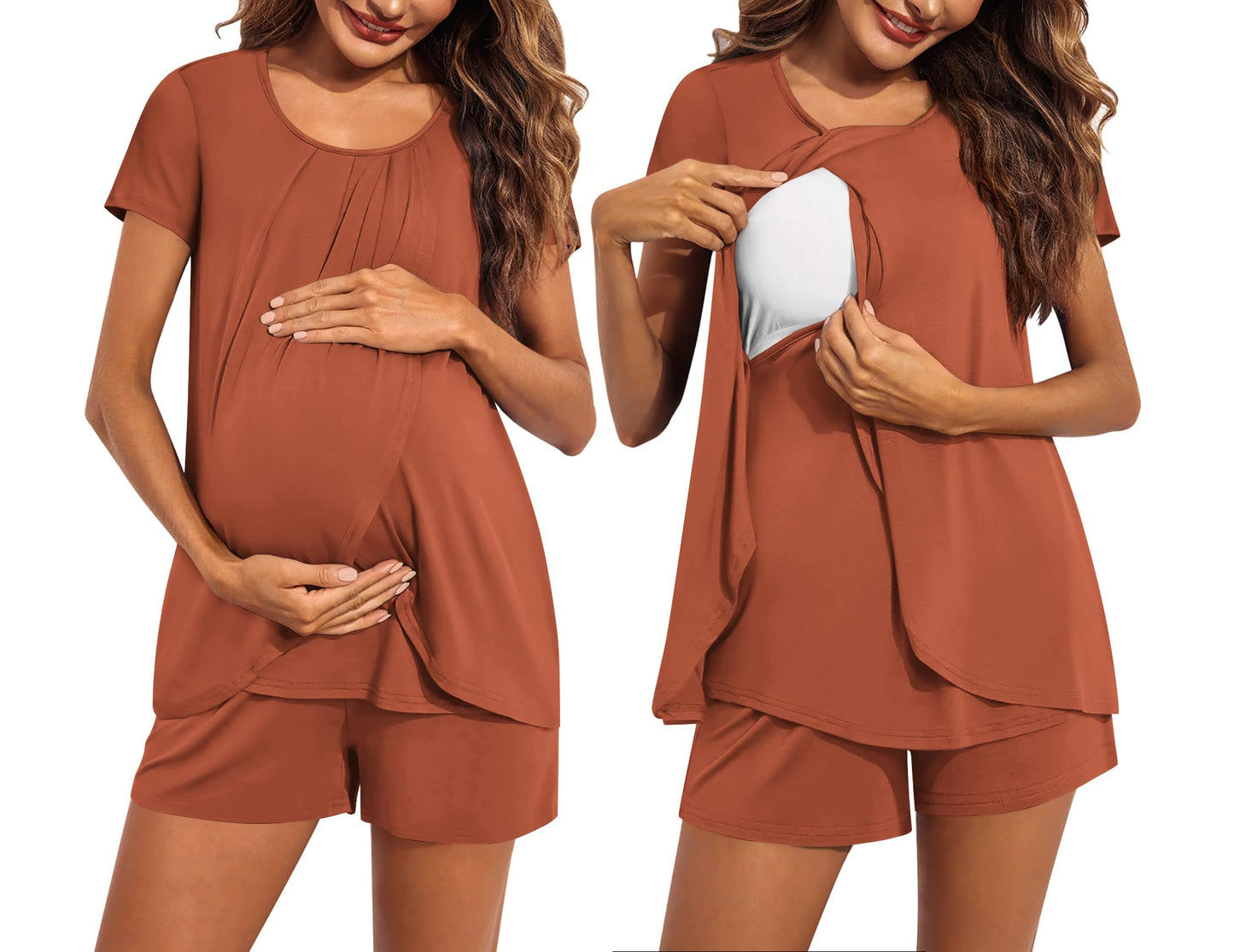 Ekouaer Women's Maternity Nursing Pajamas Set Breastfeeding Sleepwear Double Layer Short Sleeve Top & Shorts Nursing Pjs