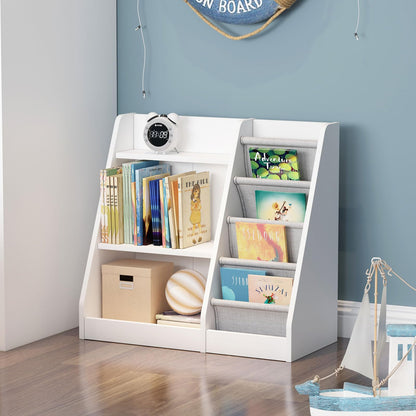 White Kids Bookshelf Wood Toy Storage Organizer Cabinet Children Bookcase Toddler Baby Sling Book Rack 3 Cube Bins Fabric Drawers for Playroom Bedroom Nursery School