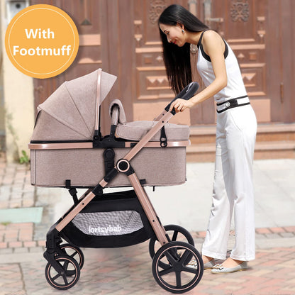 2-in-1 Baby Stroller with Bassinet Mode - Folding Infant Newborn Pram Stroller with Reversible Seat - Toddler Strollers for 0-36 Months Old Babies (Beige)