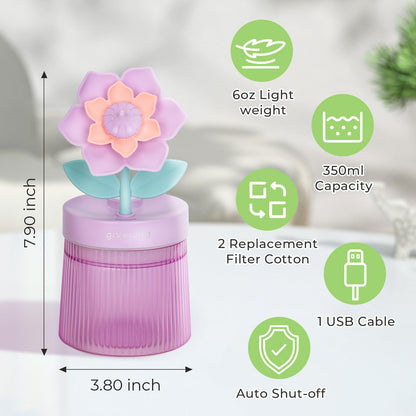 Cute Flower Mini Humidifier, 260ml Gardenia Desktop Humidifiers for Bedroom, Portable Small Cool Mist Humidification for Home, Baby Nursery, Office & Indoor Plants, USB Powered (Pink)