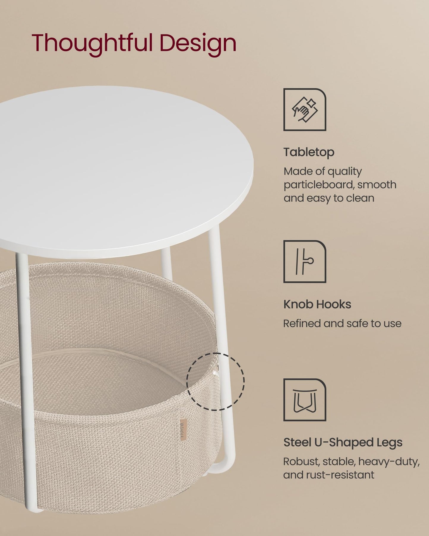 VASAGLE End Table, Small Bedside Table with Fabric Basket, Modern Nightstand, Round Side Table, for Living Room, Bedroom, Matte White and Camel Brown ULET223W10