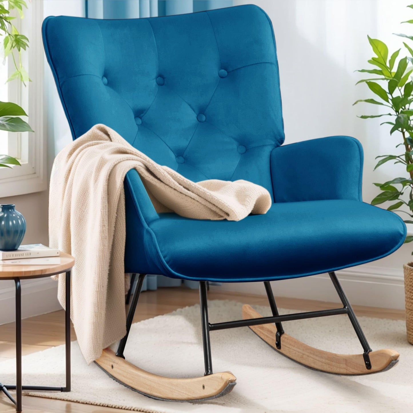 Rocking Chair for Nursery, Comfy Velvet Fabric Glider Rocker, Reading Chair with Support Seating and Side Pockets, Rocking Recliner Chair for Living Room, Bedroom, Balcony, Creamy Beige