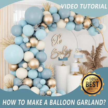 Dusty Baby Blue Balloons Balloon Arch Garland Kit,Sand White Metallic Gold Dusty Slate Fog Baby Blue Balloons for Boy Baby Shower Bridal Shower Birthday Party Decorations for Boy Men