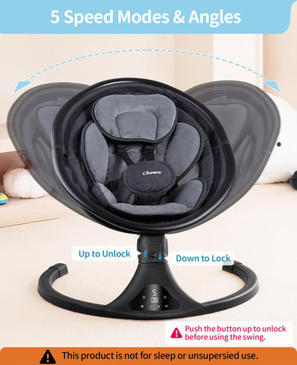 LAREX Baby Swing to Toddler Electric Infant Swing Portable for Newborn Boy Girl, 5 Sway Speeds with Remote Control, 12 Preset Melodies and Bluetooth, 0-6 Months Max 20 Lbs(Dark Wood Grain)