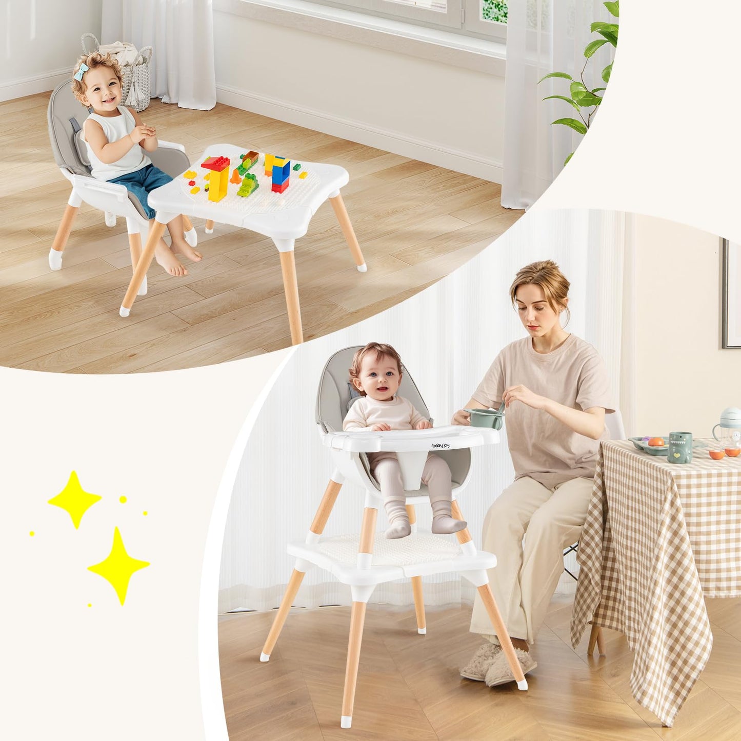 BABY JOY 6 in 1 High Chair, Convertible High Chairs for Babies and Toddlers/Booster Seat/Table and Chair Set, Infant Wooden Highchair w/ 5-Point Harness, 4-Position Removable Tray & PU Cushion, Coffee