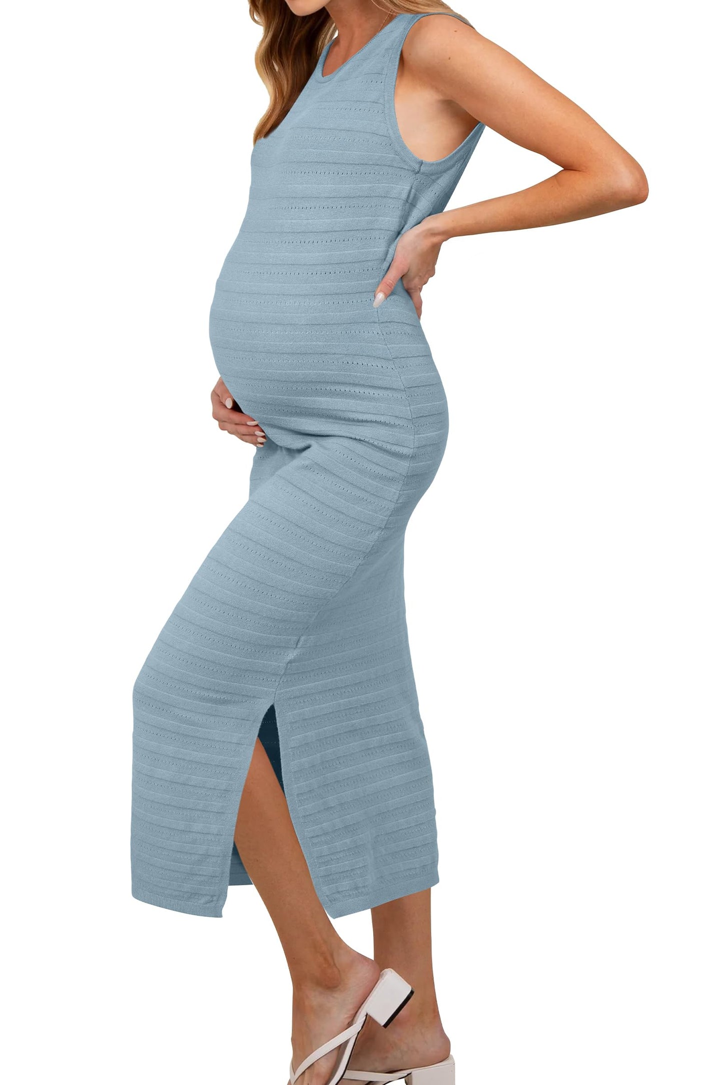 OUGES Women's 2025 Summer Maternity Dress Knit Sleeveless Crewneck Midi Dress Side Slit Striped Bodycon Sweater Dress