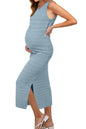 OUGES Women's 2025 Summer Maternity Dress Knit Sleeveless Crewneck Midi Dress Side Slit Striped Bodycon Sweater Dress