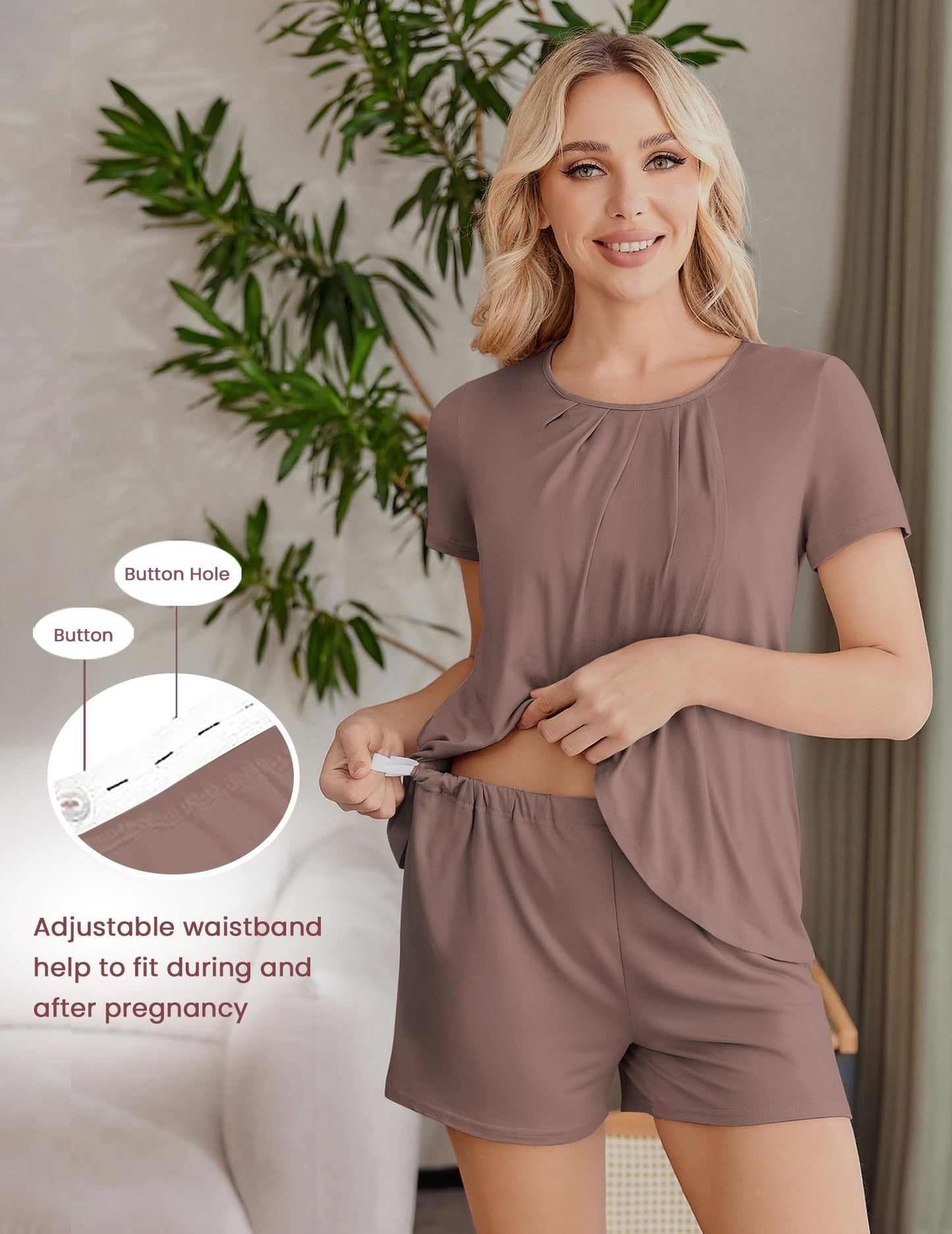 Ekouaer Women's Maternity Nursing Pajamas Set Breastfeeding Sleepwear Double Layer Short Sleeve Top & Shorts Nursing Pjs