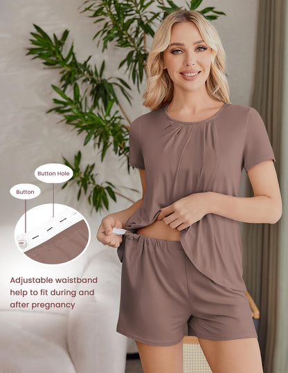 Ekouaer Women's Maternity Nursing Pajamas Set Breastfeeding Sleepwear Double Layer Short Sleeve Top & Shorts Nursing Pjs