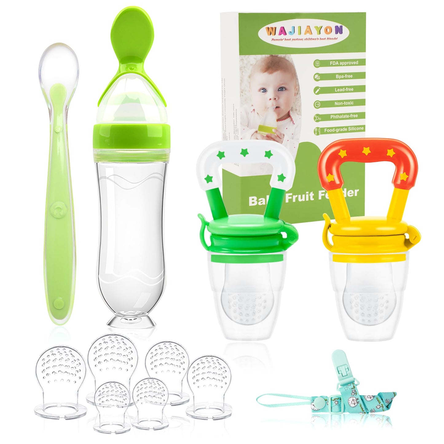 WAJIAYON Baby Fruit Feeder Pacifier | Infant Food Feeder Pacifier & Food Dispensing Spoon | Mesh Fresh Fruit Teethers for Babies | Silicone Feeder Baby Shower Gifts for Boys and Girls (Pink)