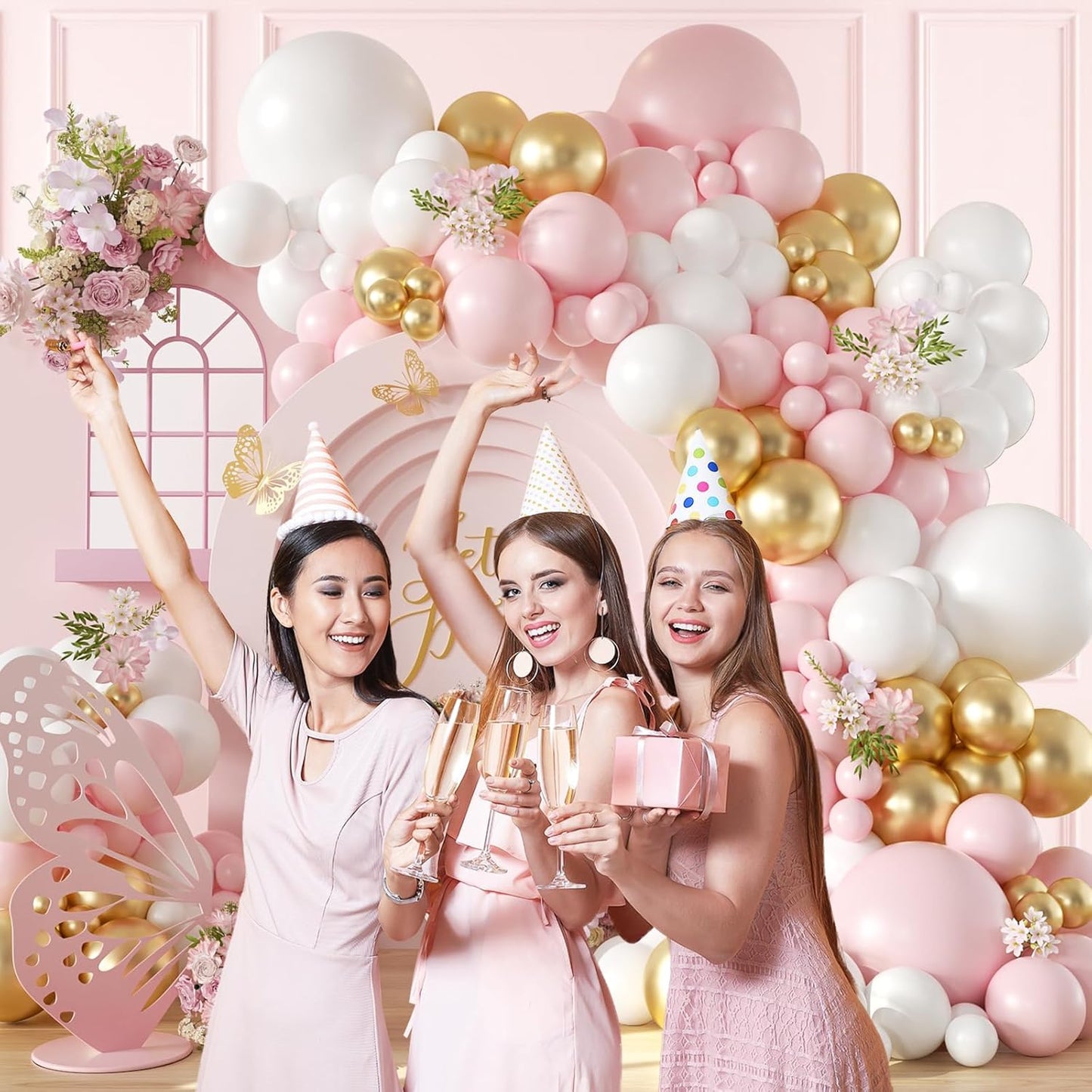 136pcs Pink and White Gold Balloon Arch Garland Kit with Pink White Metallic Gold Balloons for Birthday Bridal Baby Shower Decorations
