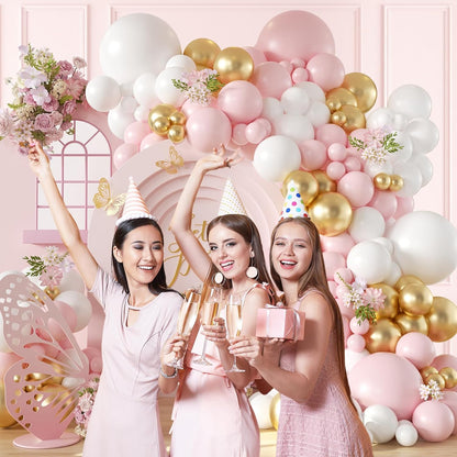 136pcs Pink and White Gold Balloon Arch Garland Kit with Pink White Metallic Gold Balloons for Birthday Bridal Baby Shower Decorations