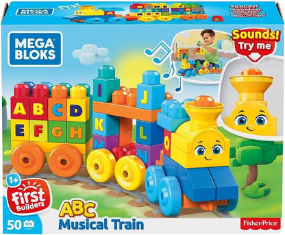MEGA BLOKS First Builders Toddler Building Blocks Toy Set, ABC Musical Train with 50 Pieces, Music and Sounds, Ages 1+ Years