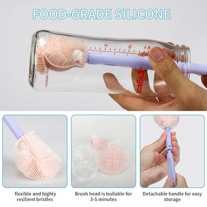 VOOWO Portable Bottle Cleaner Kit Travel Set, Silicone Baby Bottle Cleaner, Straw and Nipple Brush, Soap Dispenser (Purple)