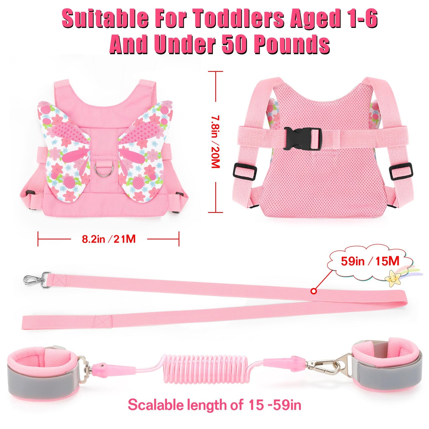 Toddlers Leash + Anti Lost Wrist Link Child Kids Safety Harness Kids Walking Wristband Assistant Strap Belt for Girl Pink Christmas Gift