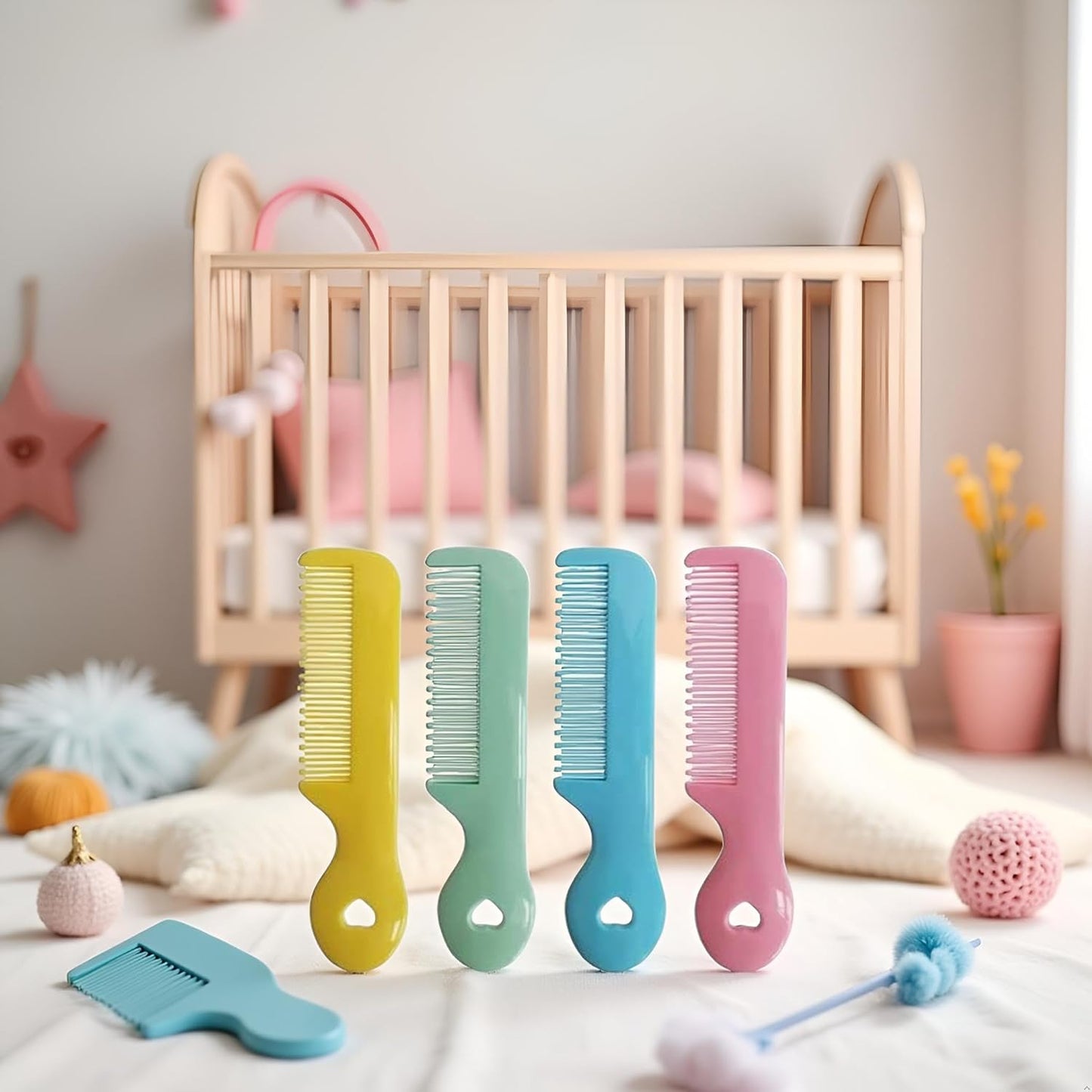 Pack Of 4 Round Tip Bristles Baby Cute Comb Baby Grooming For Sensitive Scalp Skin, for Nursery Newborn Infant Girl Boy Kids Comb Baby