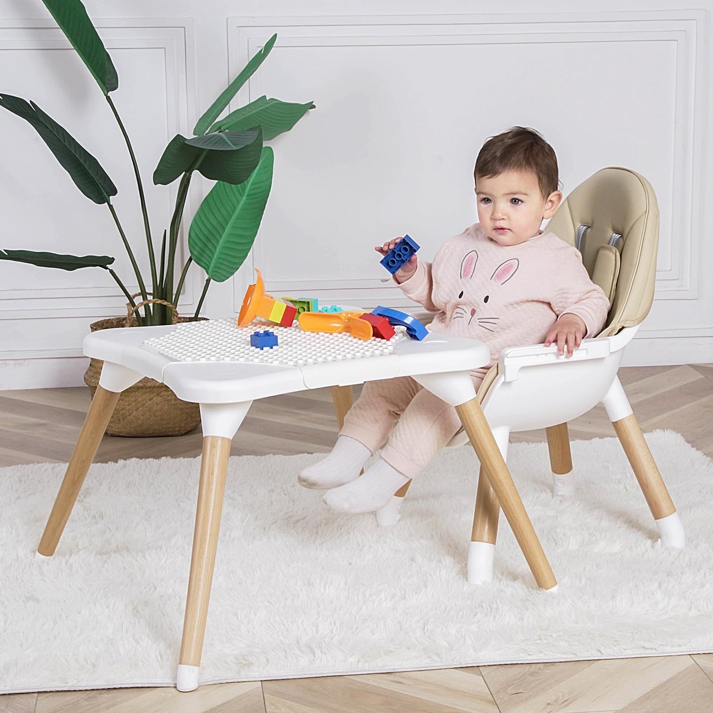 High Chair for Babies & Toddlers, Convertible Wooden 6 in 1 Baby Highchair, Table and Chair Set, Building Block Table, 5-Point Adjustable Seat Belts, 4-Position Removable Tray& PU Seat Cushion (Black)