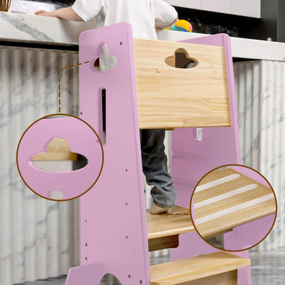 COSYLAND Toddler Standing Tower Adjustable Height - Super Stable Kids Kitchen Stool Helper - 3 Levels Adjustable Wooden Toddler Kitchen Stool (Natural & Navy Blue)