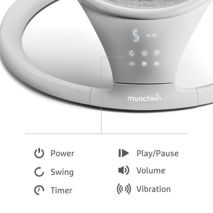 Munchkin Baby Swing, Portable and Lightweight, Bluetooth Enabled Electric Infant Rocker with Natural Sway in 5 Ranges of Motion, Newborn Nursery Essentials, White/Grey