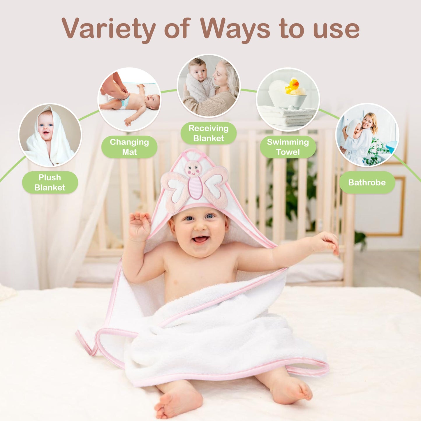 Mother's Choice Baby Hooded Towel - Large 33x33 Inch, 100% Cotton, Ultra-Soft & Absorbent Bath Towel for Newborns, Infants, Boys & Girls (Butterfly)