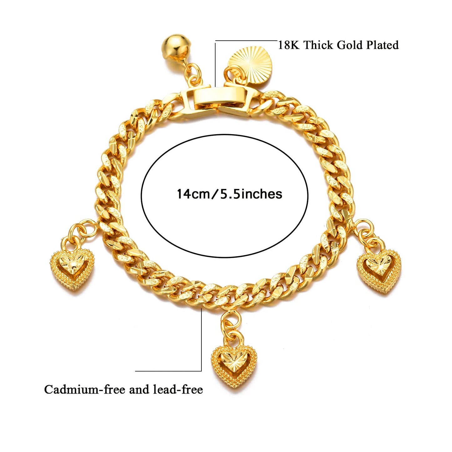 Ethlyn Bracelets for little girls 18K Gold Plated Cuban Link Chain Bracelets Bells Dangle Charms Little Girls Jewelry