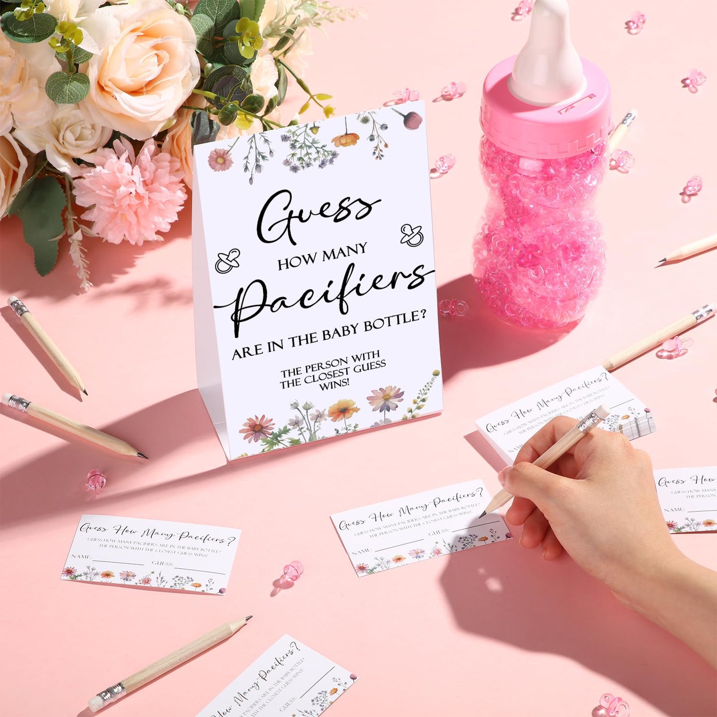 Roowest 512 Pcs Baby Shower Games Guess How Many Pacifiers Sign 100 Small Guessing Games 10 HB Pencils 750ml Milk Bottle 400 Acrylic Pacifiers Decoration for Guest Gender Reveal(Pink,Bear)